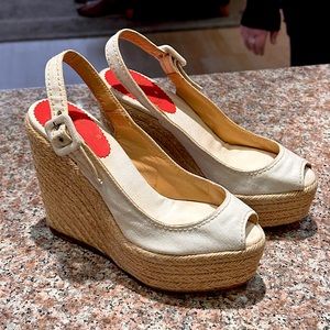 Christian Louboutin Cream Canvas Menorca Espadrille Wedge Sandals